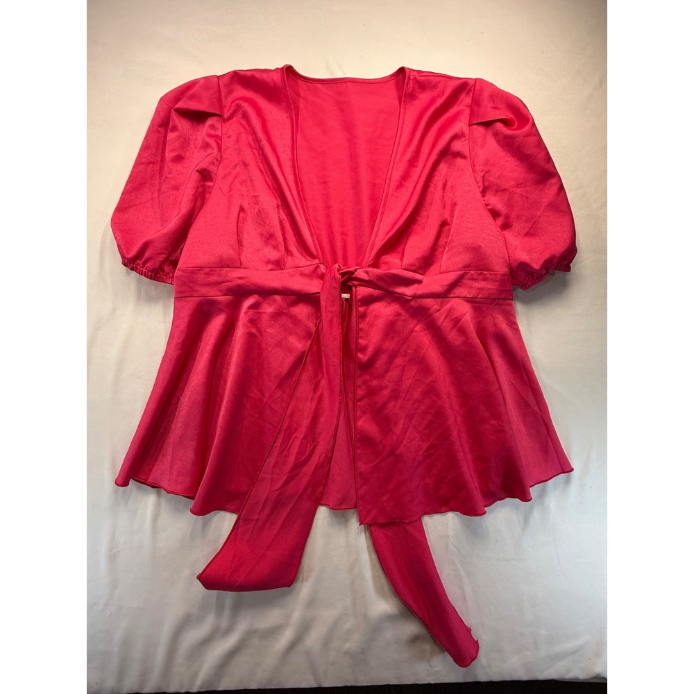 Stugaz Curve Womens 2XL Hot Pink Satin Front Tie Puff Sleeve Peplum Blouse Top